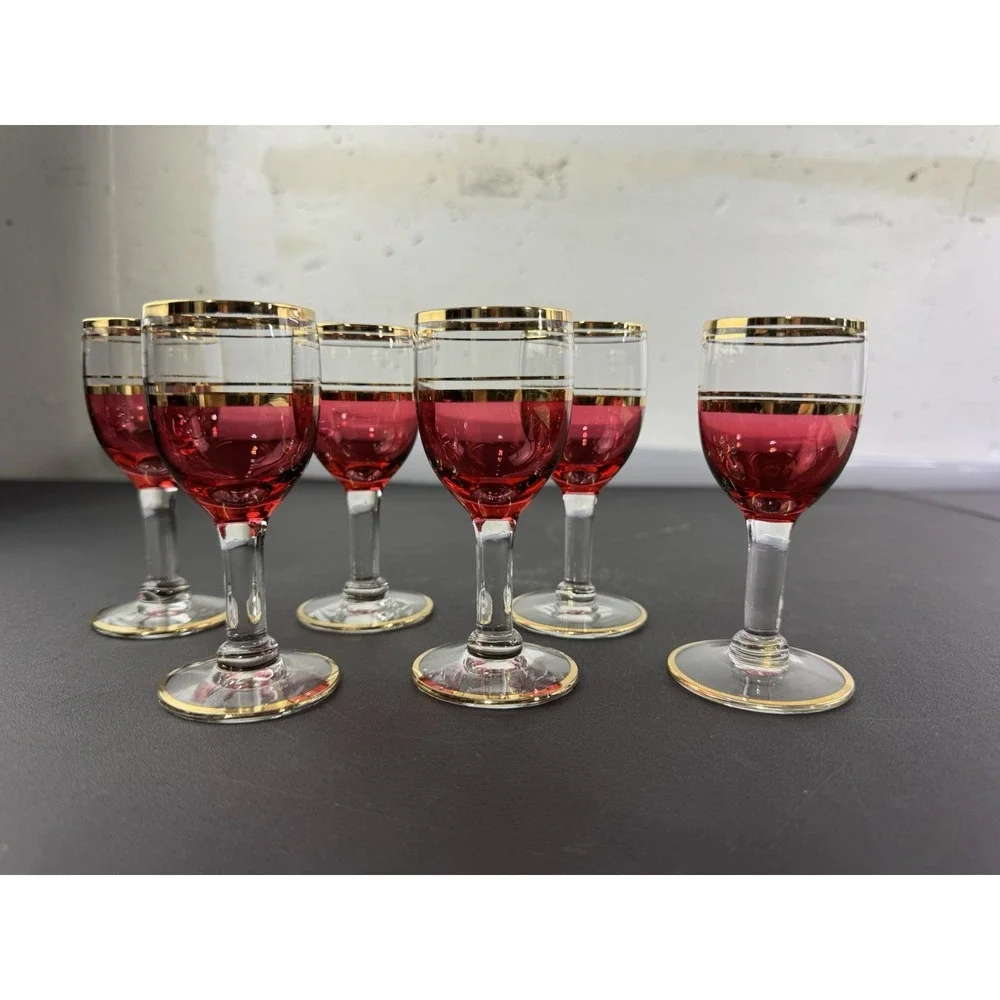 Cranberry Glass Decanter and Matching Cordial Glasses Set 7-piece MCM‎